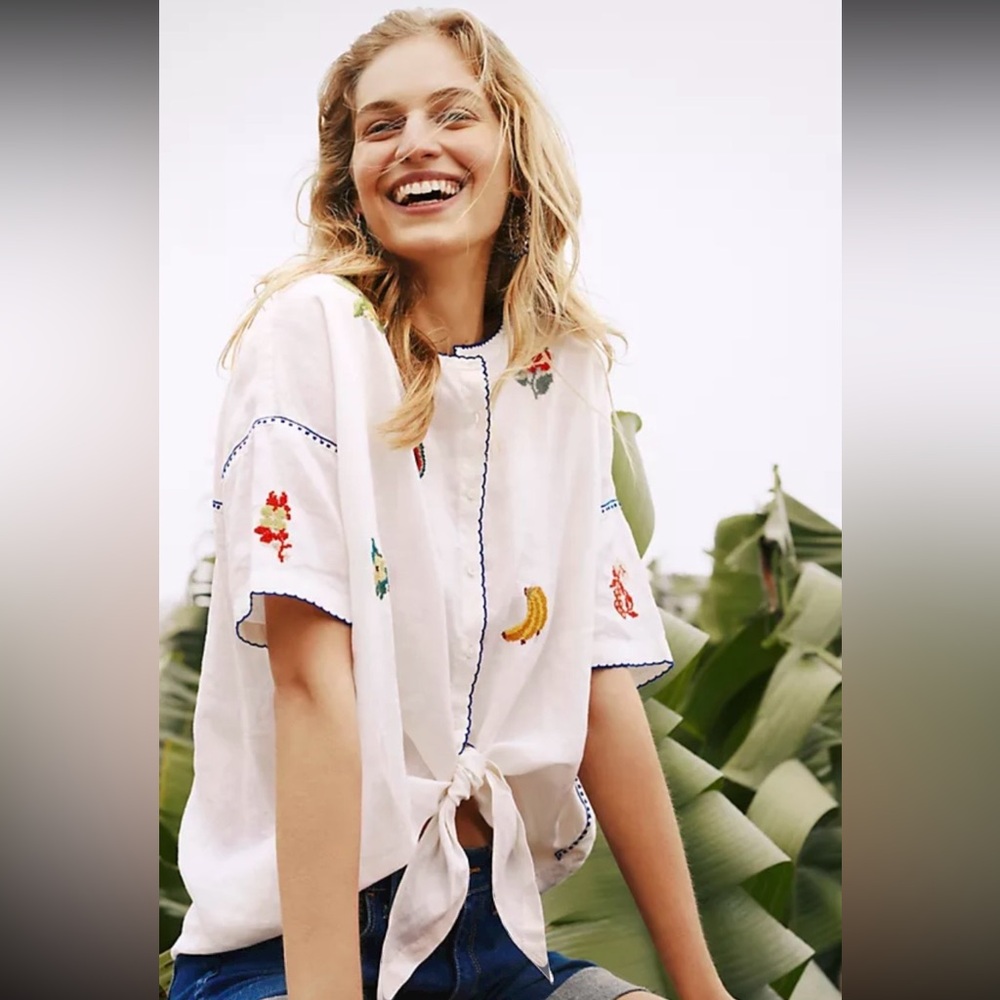 Anthropologie Intropia Fruit Embroidered Summer Top